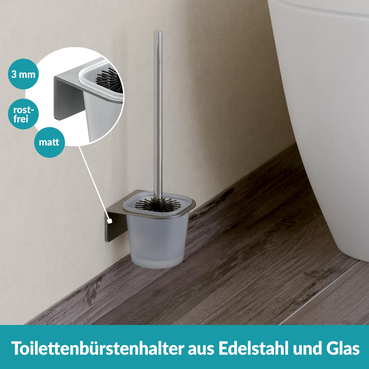 Toilettenbürstenhalter selbstklebend - Mit Toilettenbürste - Ohne Bohren - Edelstahl & Glas
