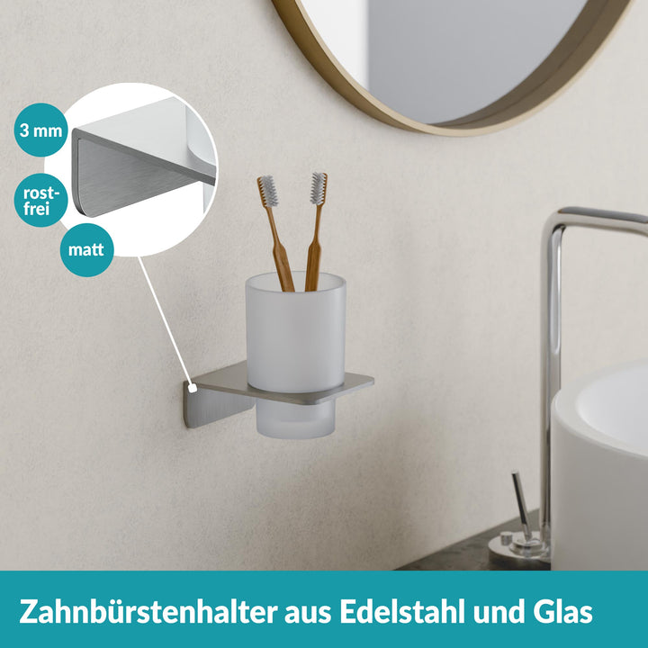 Zahnputzbecher rund silber - Glas und Edelstahl - ohne bohren