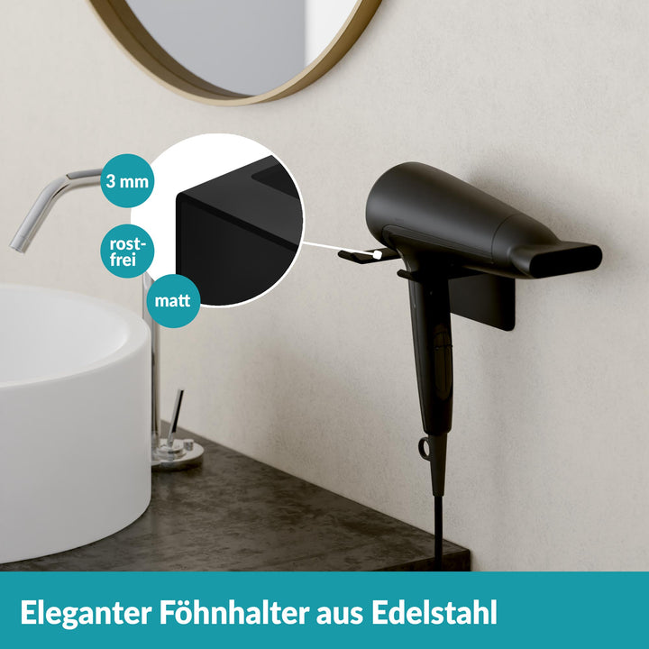 Föhnhalter ohne Bohren - Mattes Schwarz - Edelstahl