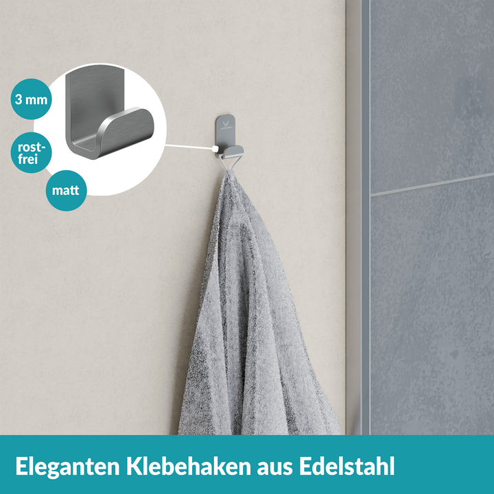 Handtuchhaken silber - 1 Haken aus Edelstahl - ohne bohren - selbstklebend